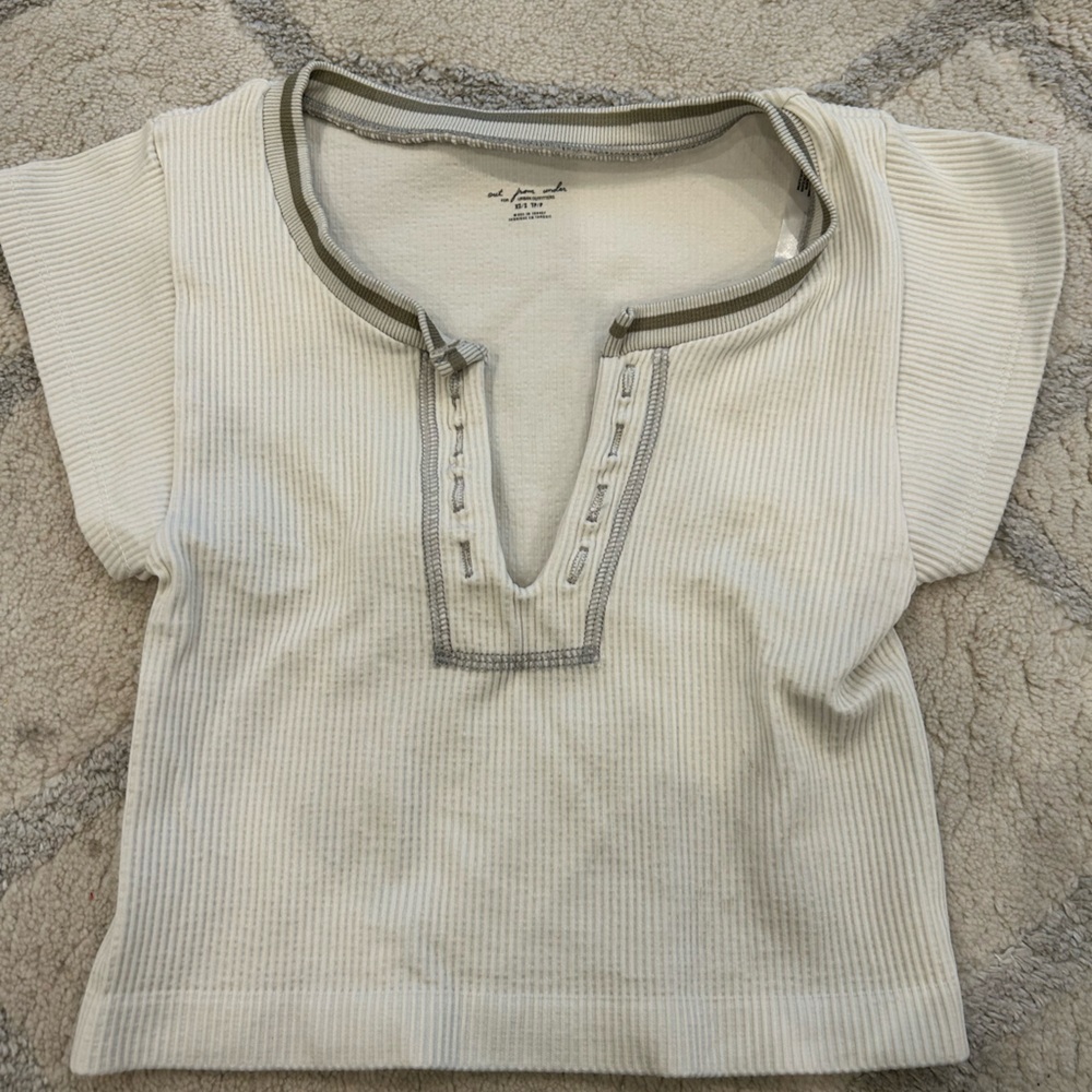 Urban Outfitters Cream Ribbed Crop Polo T-Shirt